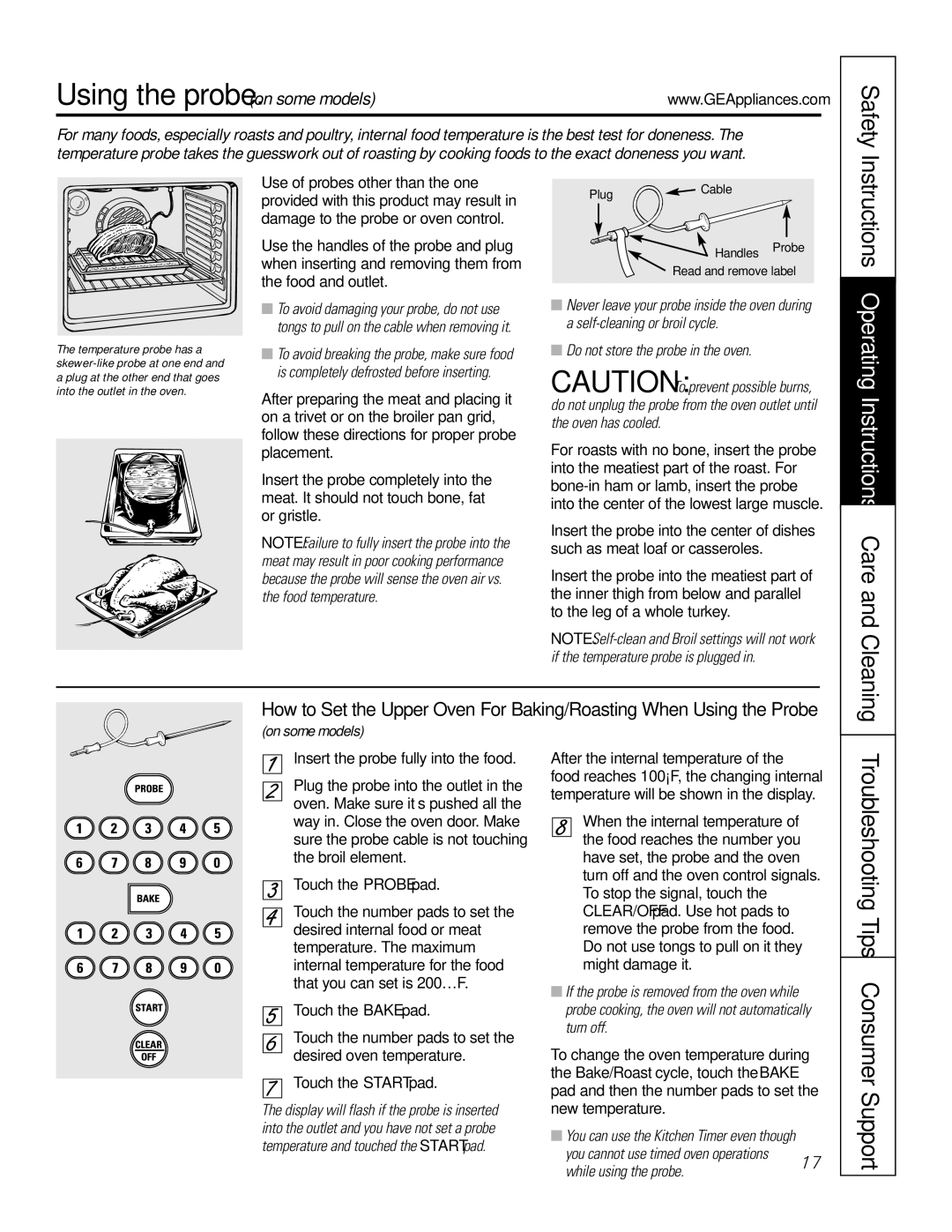 GE JB988 Using the probe. on some models, Do not store the probe in the oven, On some models, While using the probe 