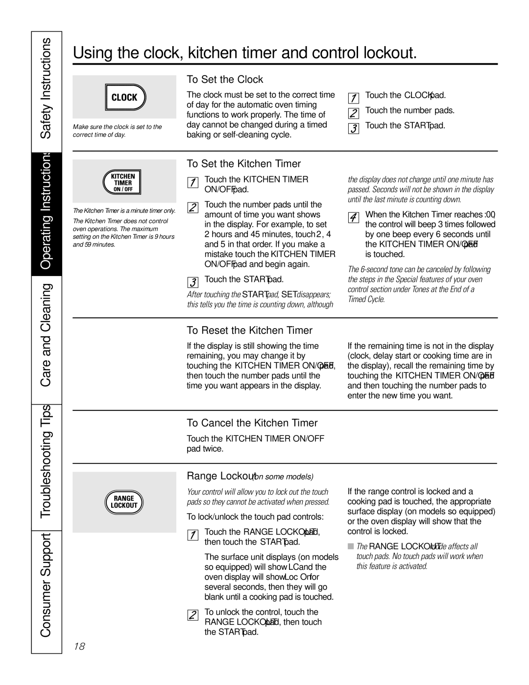 GE JB988 owner manual Using the clock, kitchen timer and control lockout, Care, Tips, Cleaning Operating Instructions 