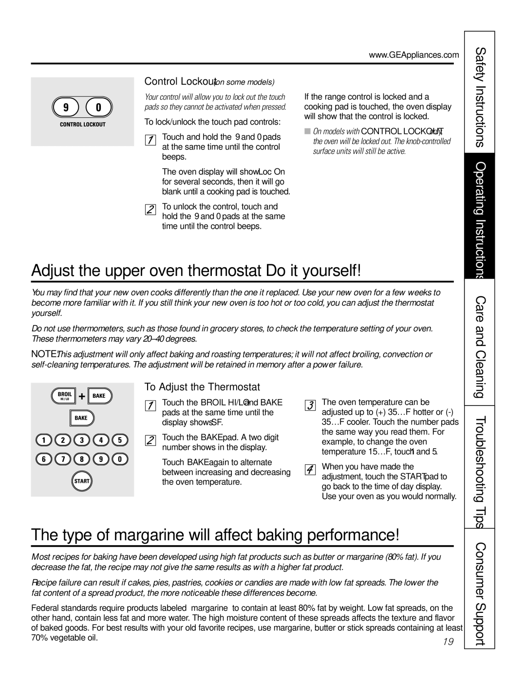 GE JB988 owner manual Adjust the upper oven thermostat-Do it yourself, Type of margarine will affect baking performance 