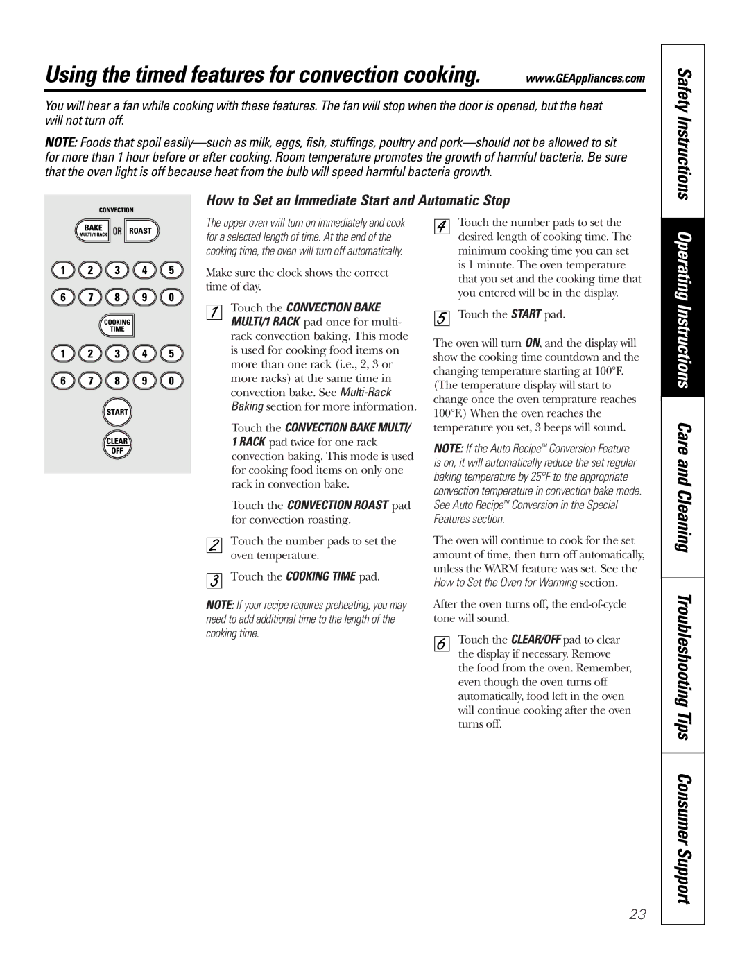 GE JB988 owner manual Using the timed features for convection cooking, Safety Instructions 