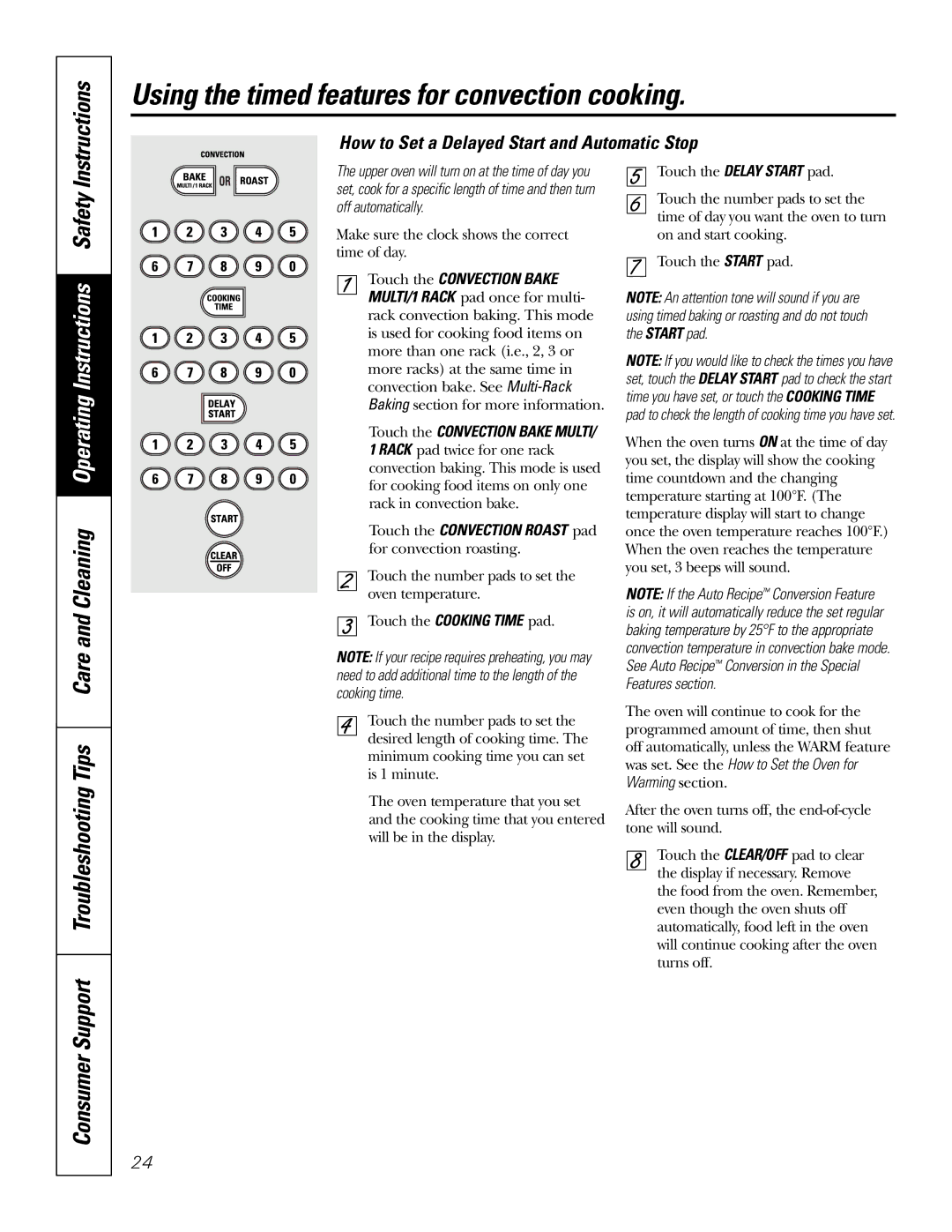 GE JB988 owner manual Using the timed features for convection cooking, How to Set a Delayed Start and Automatic Stop 