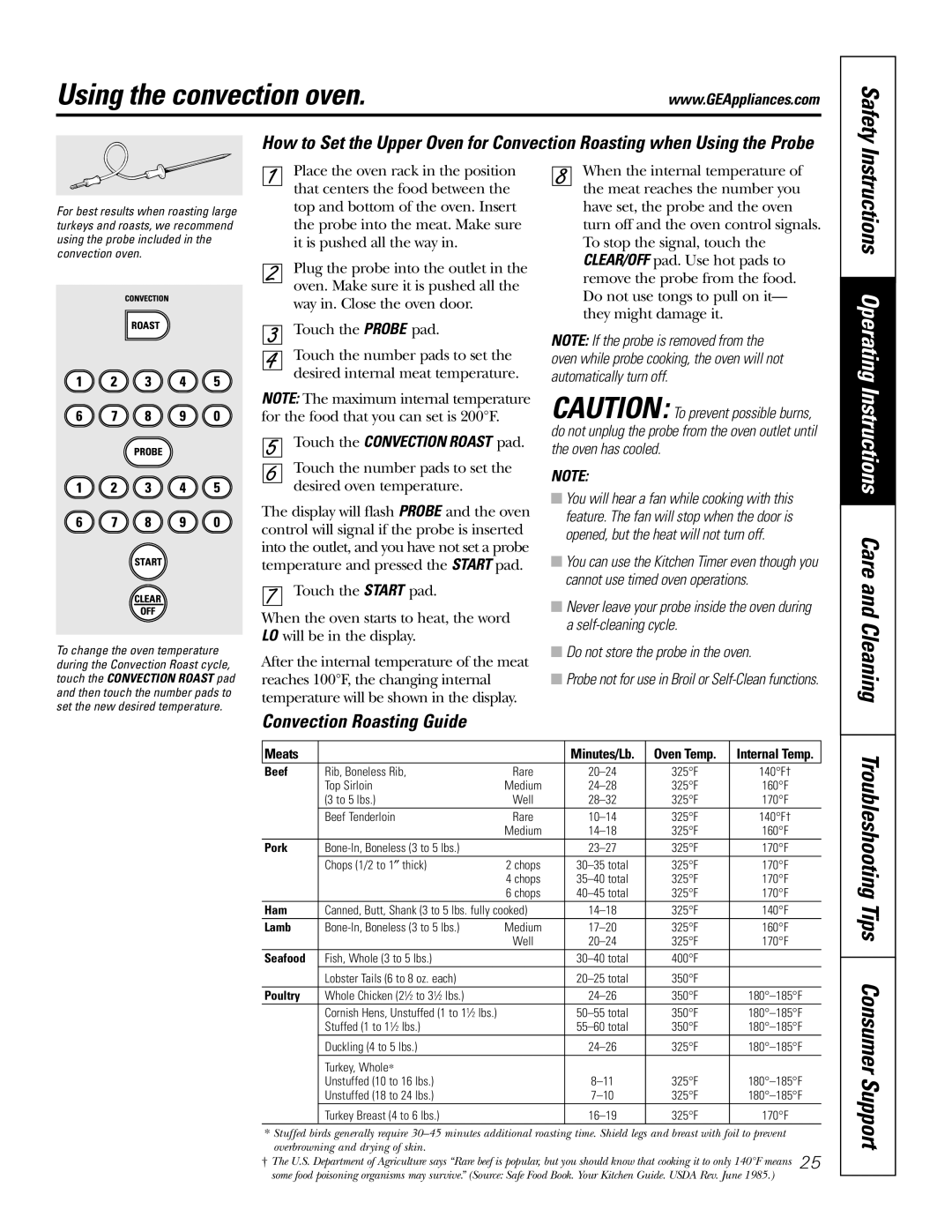 GE JB988 owner manual Using the convection oven, Convection Roasting Guide, Touch the Convection Roast pad 