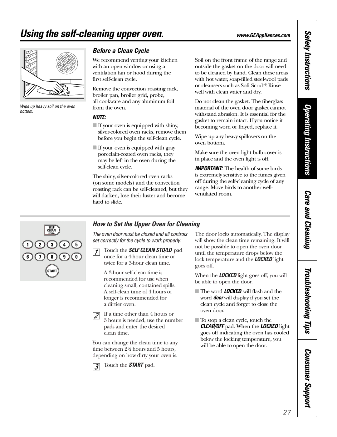 GE JB988 owner manual Using the self-cleaning upper oven, Instructions Operating Instructions Care, Before a Clean Cycle 