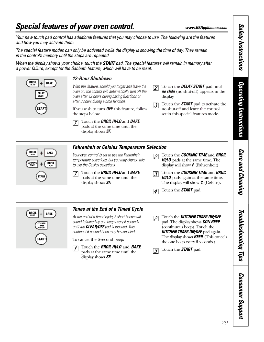 GE JB988 Special features of your oven control, Operating Instructions, Hour Shutdown, Tones at the End of a Timed Cycle 