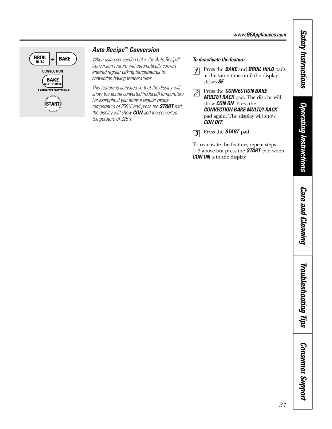 GE JB988 owner manual Auto Recipe Conversion, To deactivate the feature 