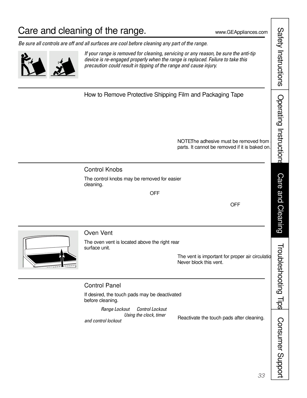 GE JB988 owner manual Care and cleaning of the range, Tips Consumer Support 