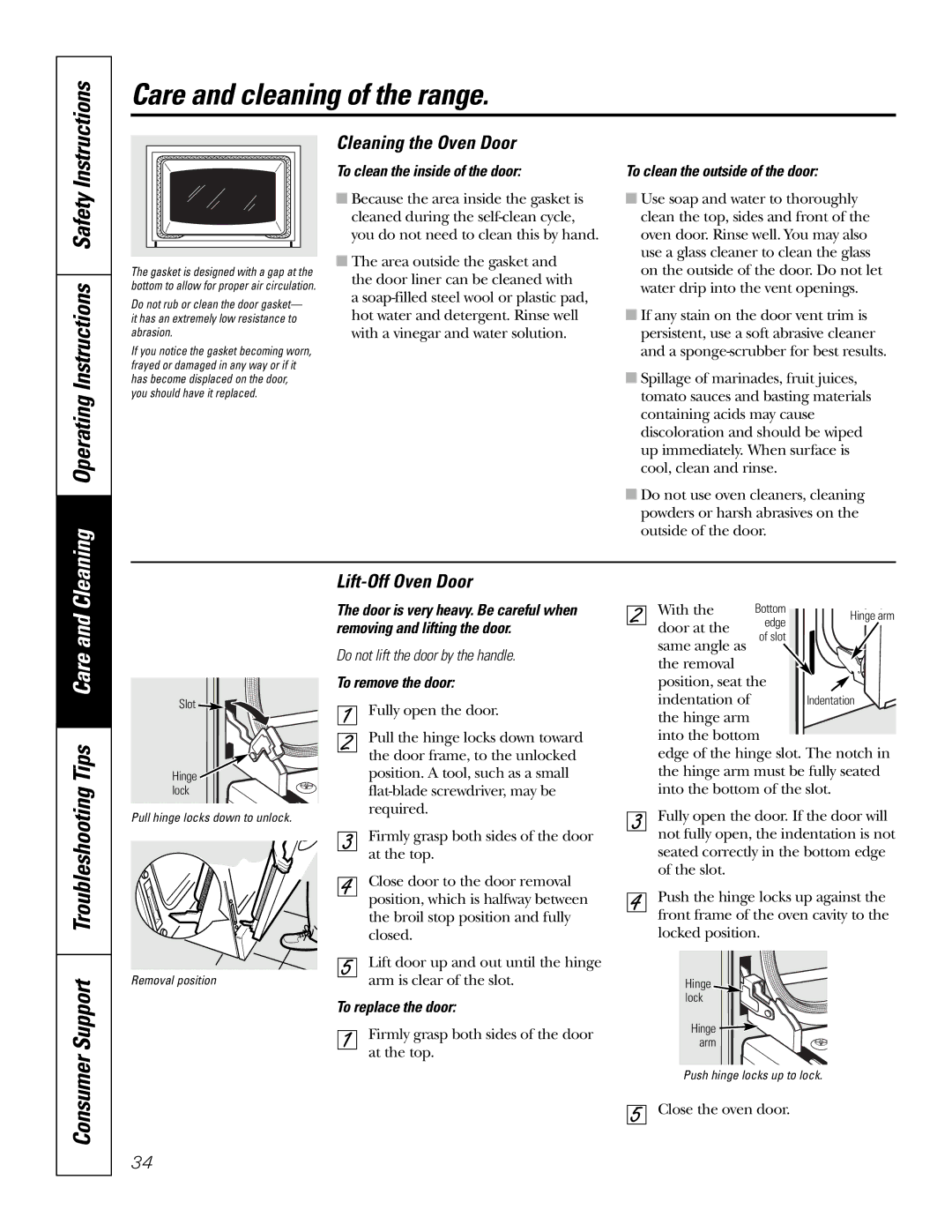 GE JB988 owner manual Cleaning Operating Instructions Safety, Cleaning the Oven Door, Lift-Off Oven Door 