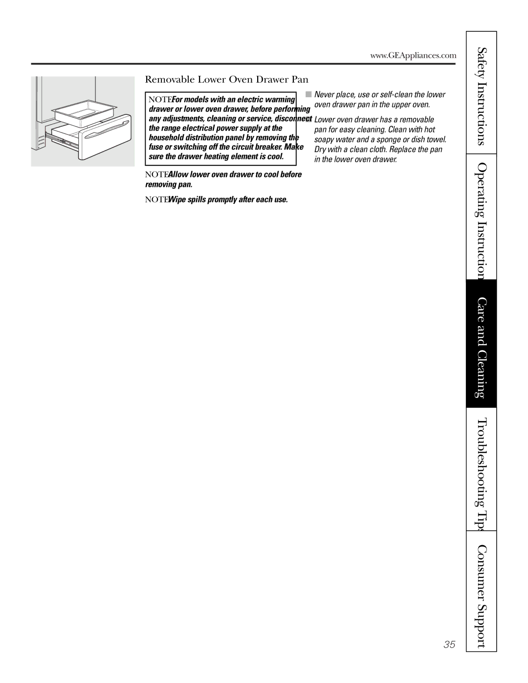 GE JB988 owner manual Safety, Removable Lower Oven Drawer Pan 