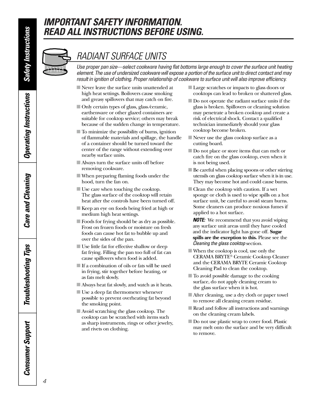 GE JB988 owner manual Radiant Surface Units, Cleaning the glass cooktop section 