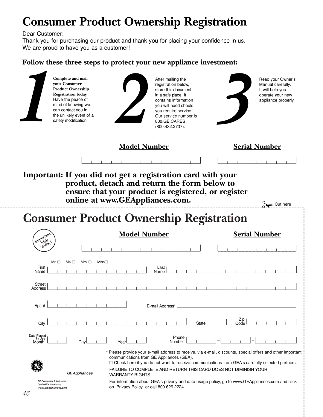 GE JB988 owner manual Consumer Product Ownership Registration 