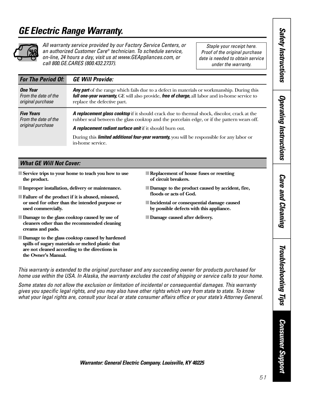 GE JB988 GE Electric Range Warranty, Safety Instructions Operating Instructions, GE Will Provide, What GE Will Not Cover 