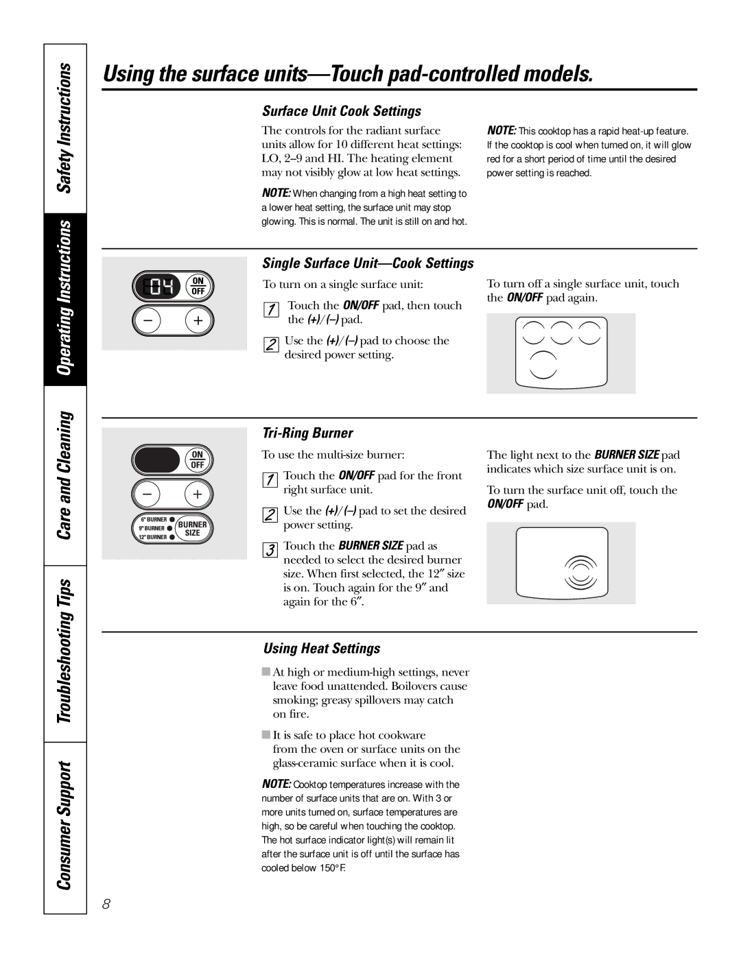 GE JB988 Using the surface units-Touch pad-controlled models, Tips Care and Cleaning, Consumer Support Troubleshooting 