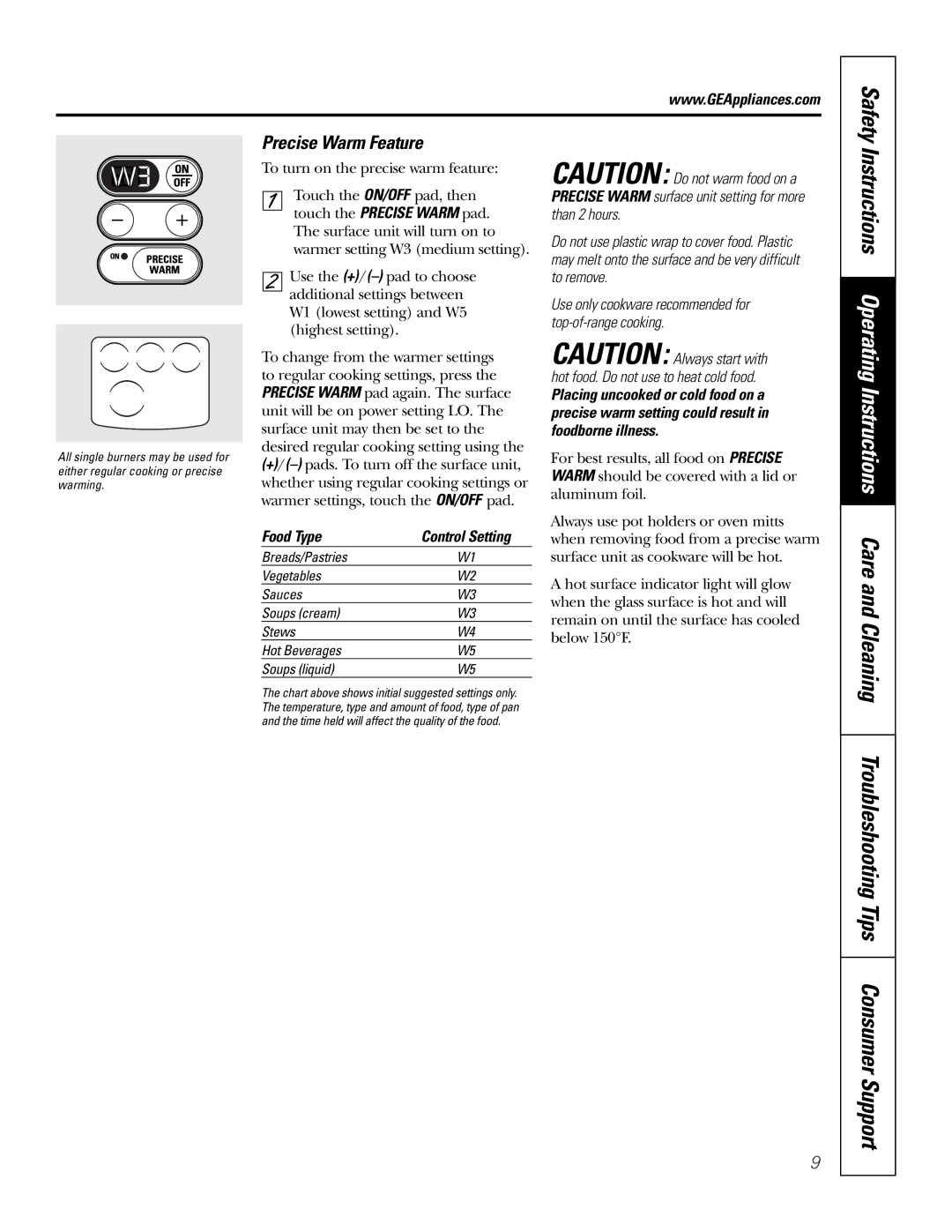 GE JB988 owner manual Troubleshooting Tips Consumer Support, Precise Warm Feature, Food Type 