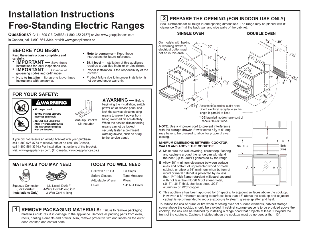 GE JB988SK manual Before YOU Begin, Prepare the Opening for Indoor USE only, For Your Safety 