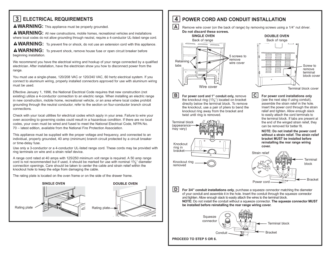 GE JB988SK manual Electrical Requirements Power Cord and Conduit Installation, Single Oven Double Oven, Proceed to or 