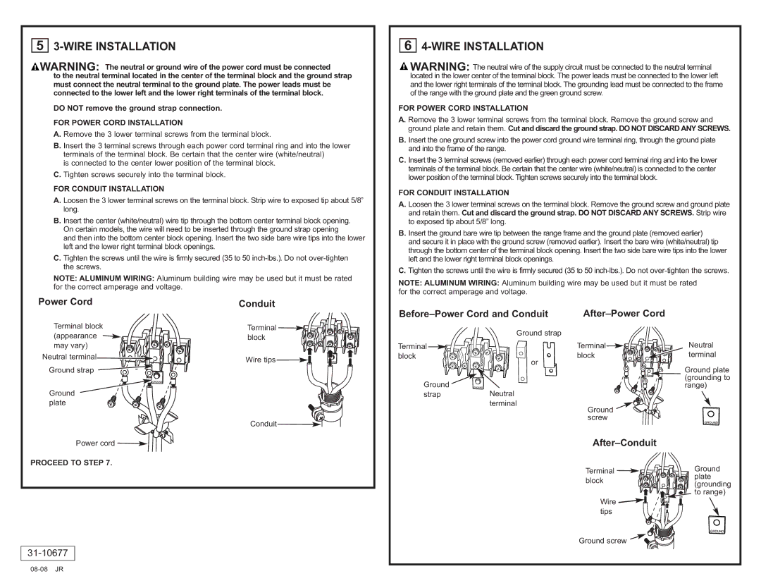 GE JB988SK manual Wire Installation, Power Cord Conduit, Before-Power Cord and Conduit After-Power Cord, After-Conduit 