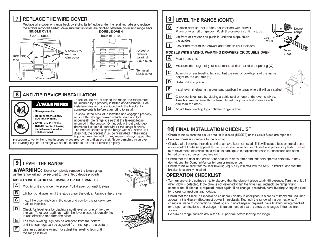 GE JB988SK manual Replace the Wire Cover, ANTI-TIP Device Installation, Final Installation Checklist, Operation Checklist 