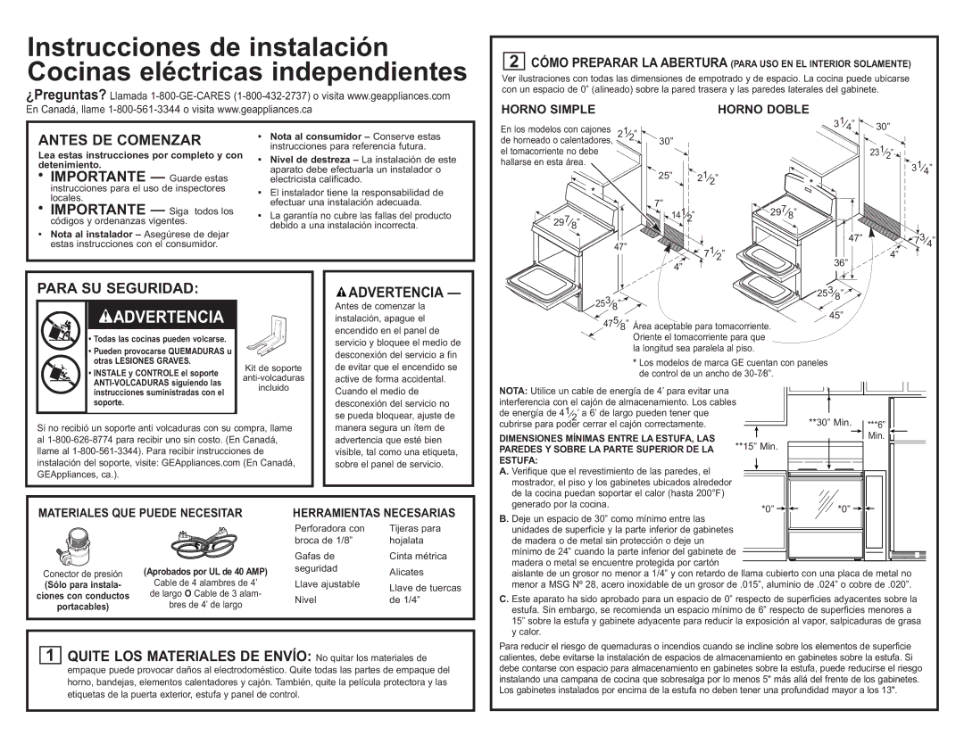 GE JB988SK manual Antes DE Comenzar, Importante Guarde estas, Para SU Seguridad, Advertencia, Horno Simple Horno Doble 