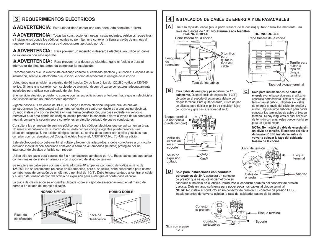 GE JB988SK manual Requerimientos Eléctricos, Instalación DE Cable DE Energía Y DE Pasacables, Horno Simple Horno Doble 