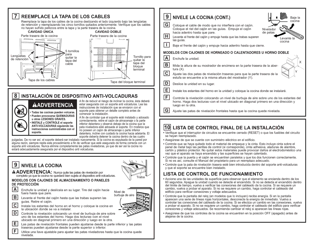 GE JB988SK Reemplace LA Tapa DE LOS Cables, Instalación DE Dispositivo ANTI-VOLCADURAS, Lista DE Control DE Funcionamiento 