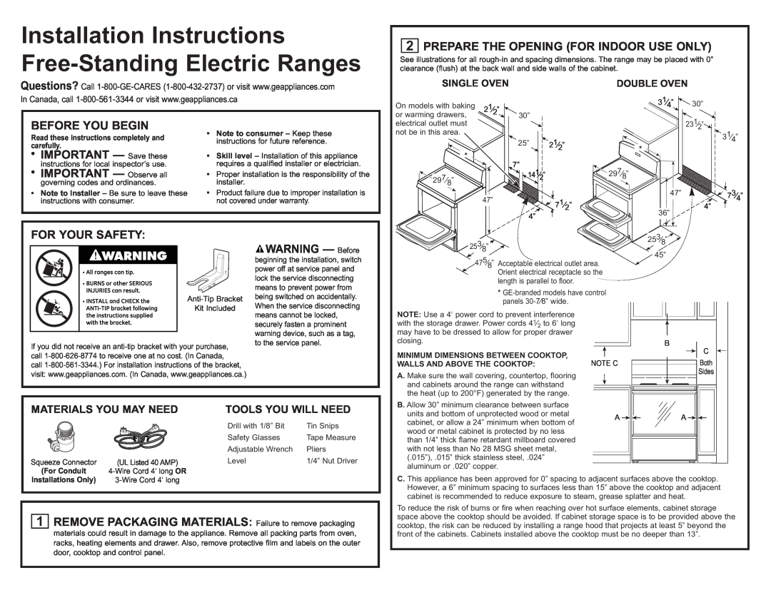 GE JB988SK manual Before You Begin, IMPORTANT - Save these, IMPORTANT - Observe all, For Your Safety, WARNING - Before 