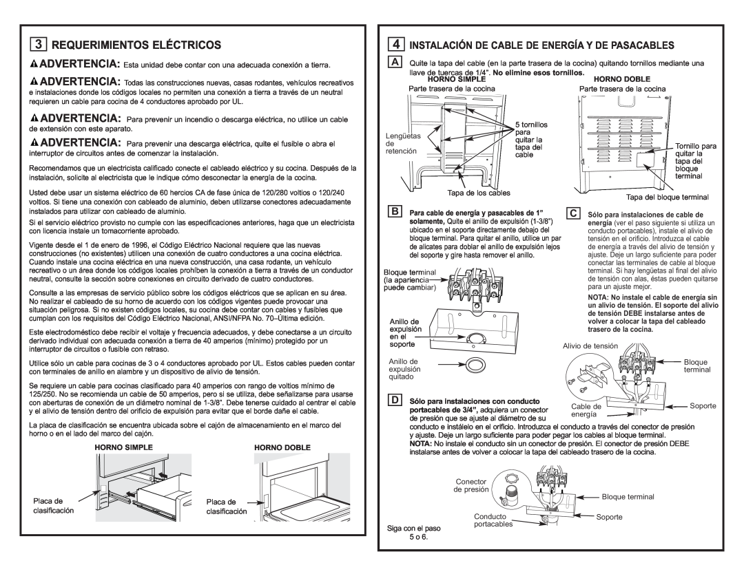 GE JB988SK manual Requerimientos Eléctricos, Instalación De Cable De Energía Y De Pasacables, Horno Simple, Horno Doble 