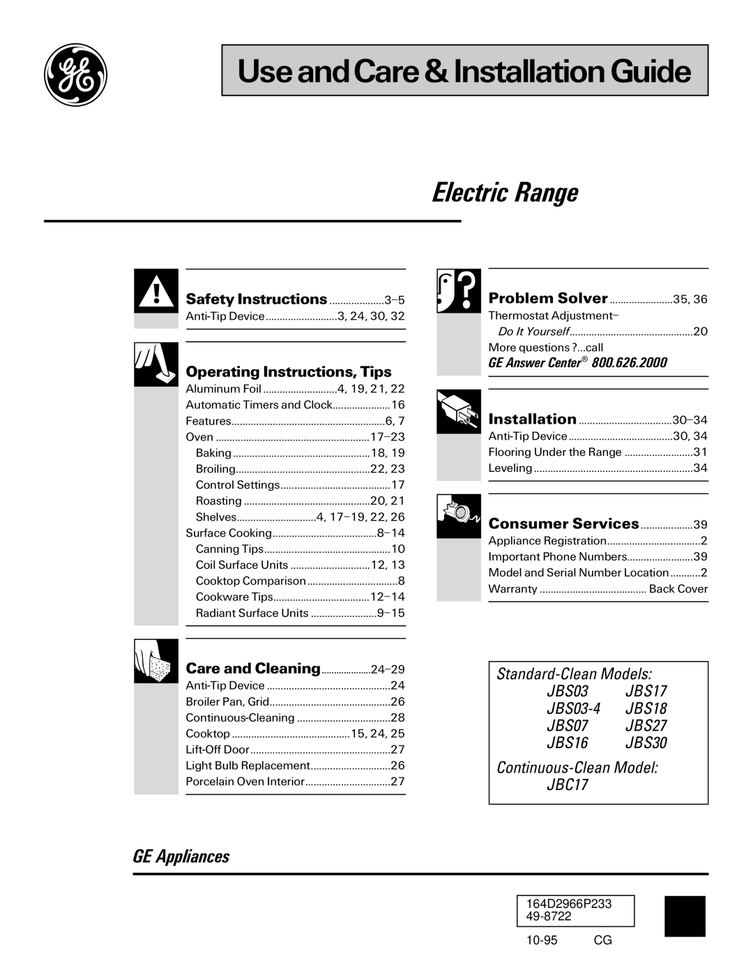 GE JBS03-4, JBC17, JBS17, JBS18, JBS30, JBS16 warranty UseandCare& Installation Guide 