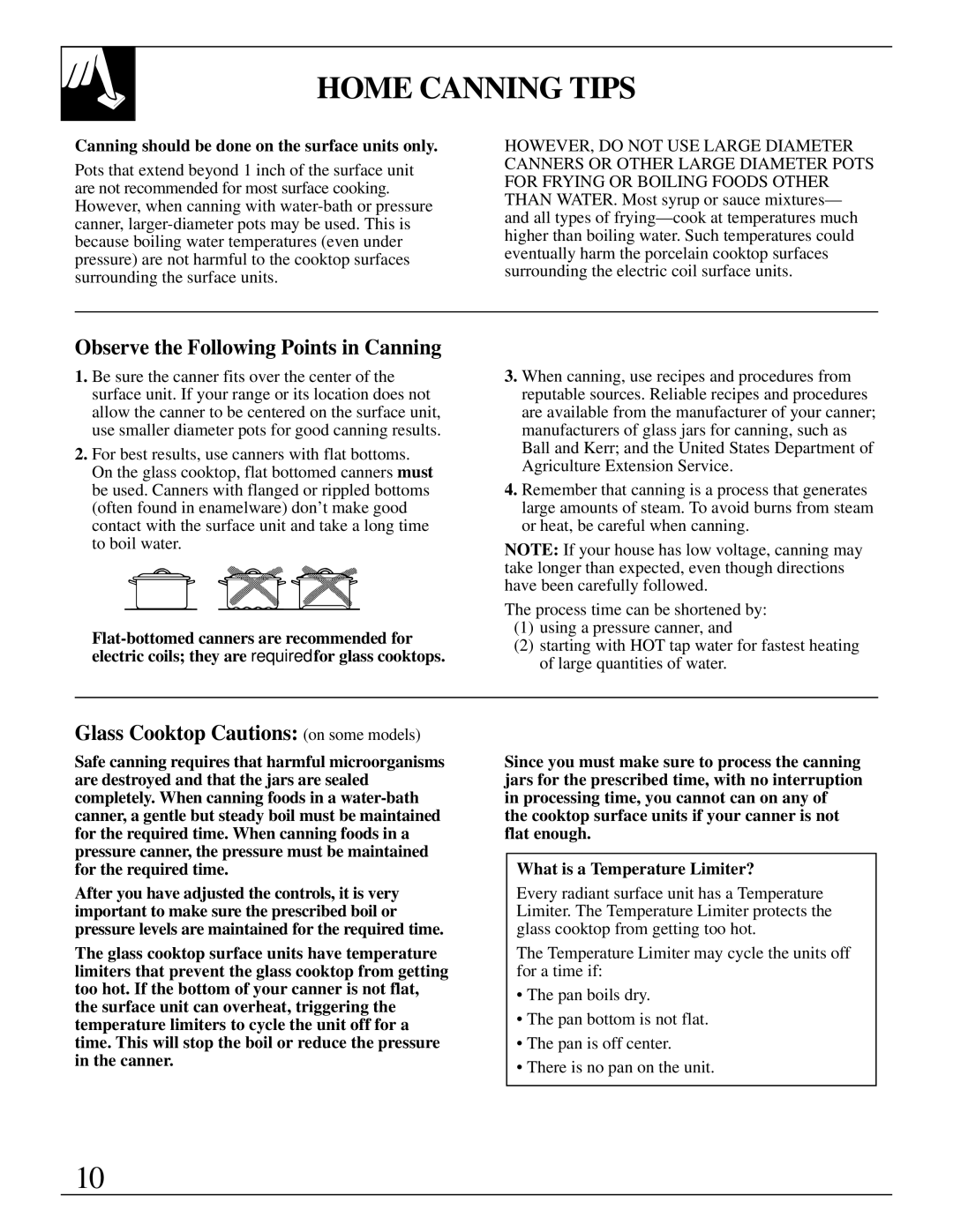 GE JBS30, JBC17, JBS03-4 Home Canning Tips, Observe the Following Points in Canning, Glass Cooktop Cautions on some models 