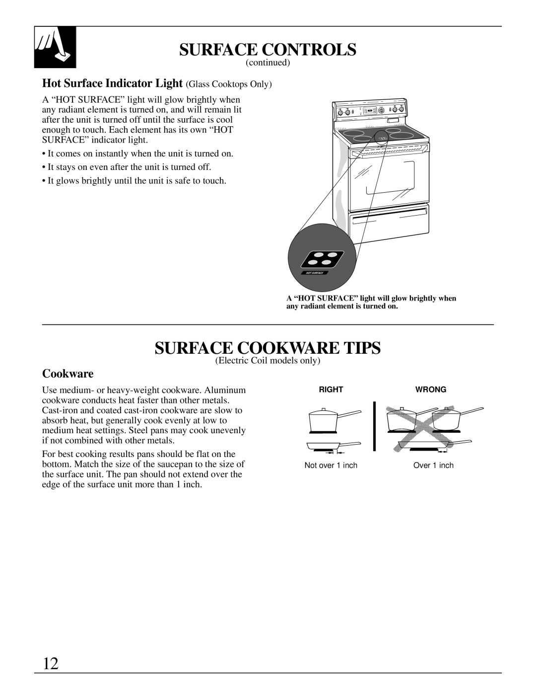 GE JBC17, JBS03-4, JBS17, JBS18, JBS30, JBS16 warranty Surface Cookware Tips, Hot Surface Indicator Light Glass Cooktops Only 