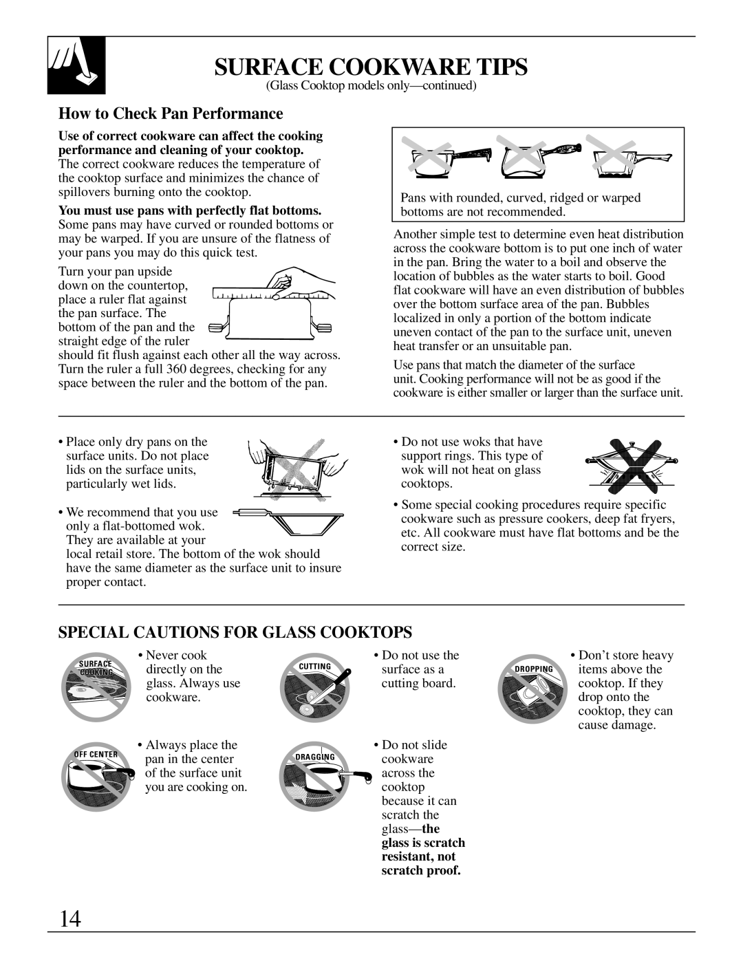 GE JBS17, JBC17, JBS03-4, JBS18, JBS30, JBS16 warranty How to Check Pan Performance, Special Cautions for Glass Cooktops 