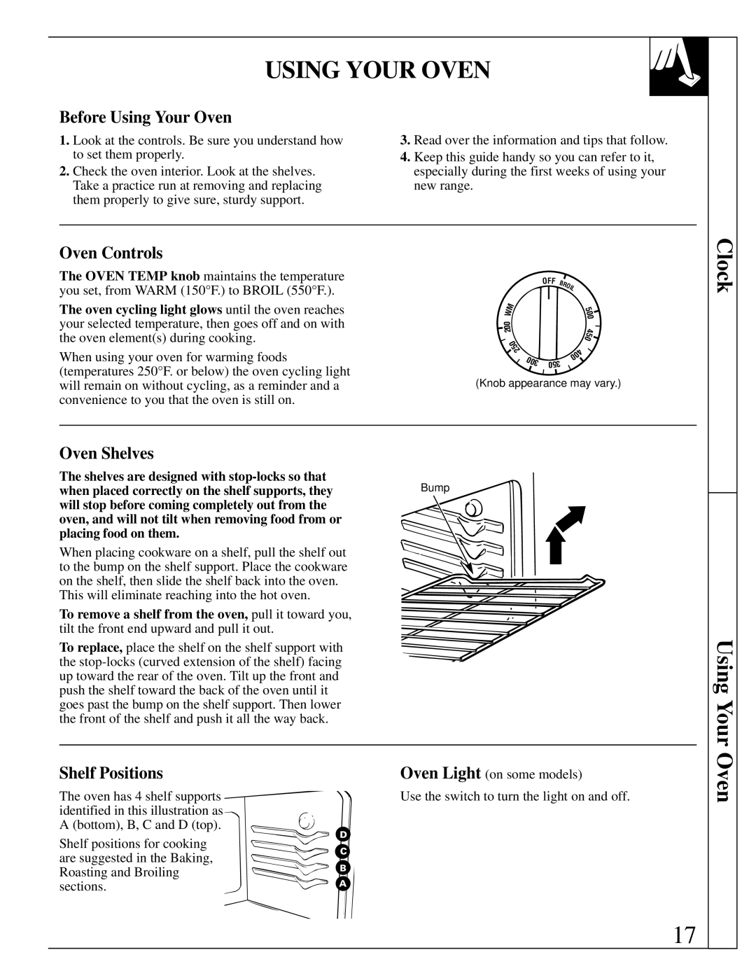 GE JBS16, JBC17, JBS03-4, JBS17, JBS18, JBS30 warranty Before Using Your Oven, Oven Controls, Oven Shelves, Shelf Positions 