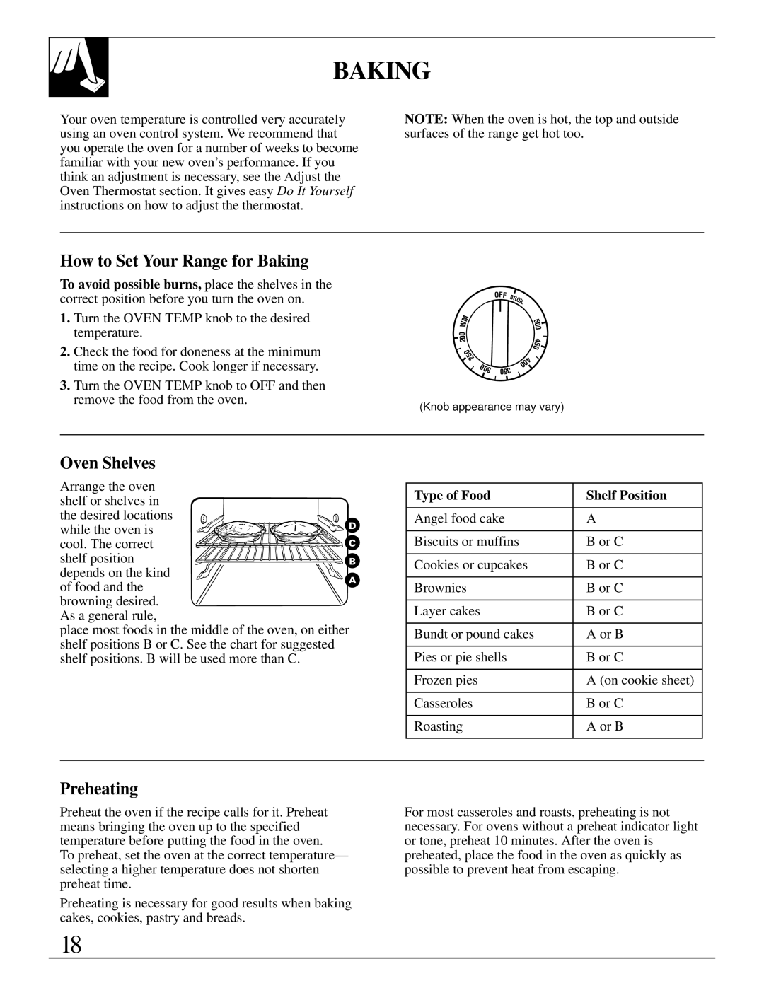 GE JBC17, JBS03-4, JBS17, JBS18, JBS30, JBS16 How to Set Your Range for Baking, Preheating, Type of Food Shelf Position 