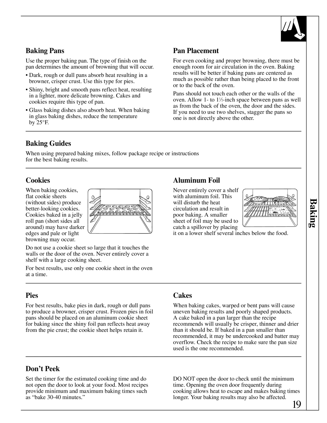 GE JBS03-4, JBC17, JBS17, JBS18 Baking Pans, Pan Placement, Baking Guides, Cookies, Aluminum Foil, Pies, Cakes, Don’t Peek 