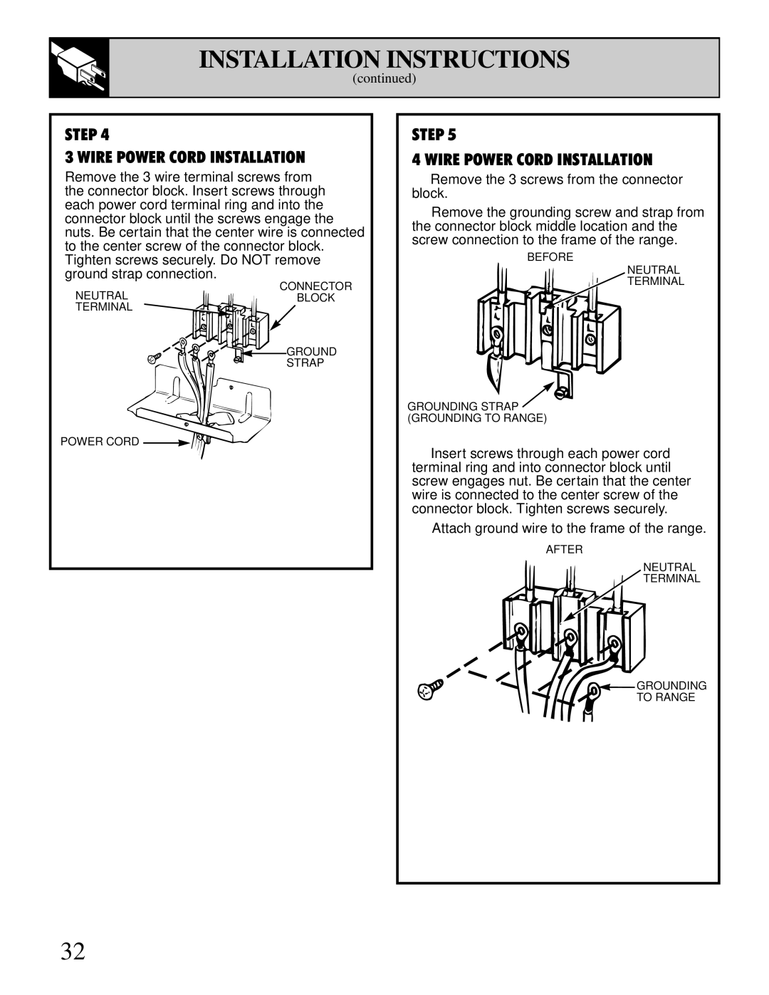 GE JBS17, JBC17, JBS03-4, JBS18, JBS30, JBS16 warranty Step Wire Power Cord Installation 