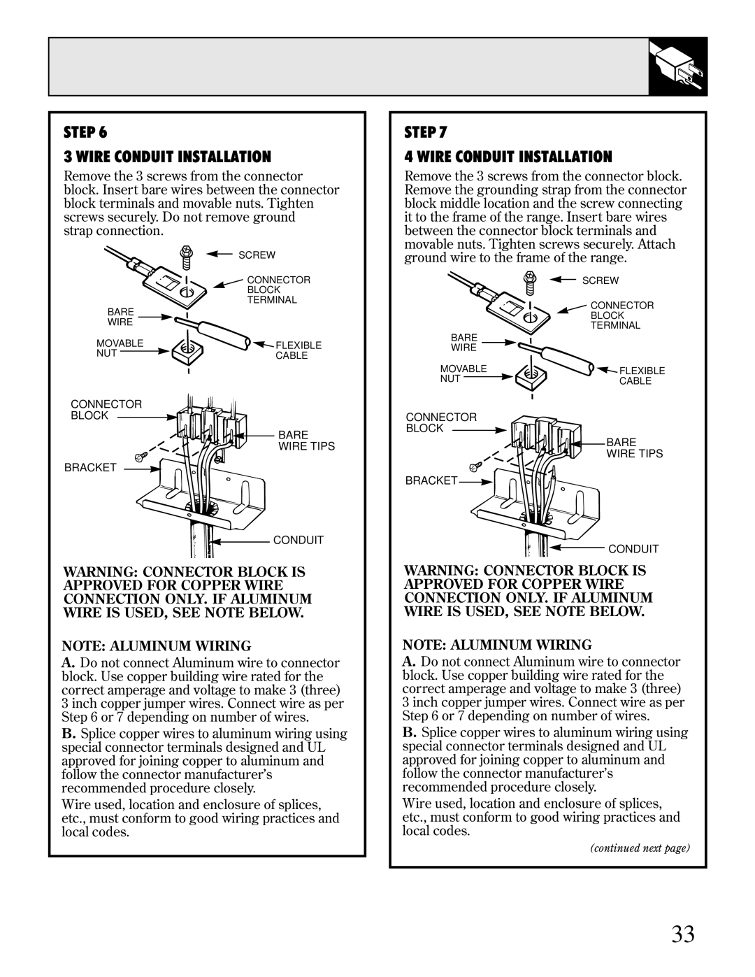 GE JBS18, JBC17, JBS03-4, JBS17, JBS30, JBS16 warranty Step Wire Conduit Installation 