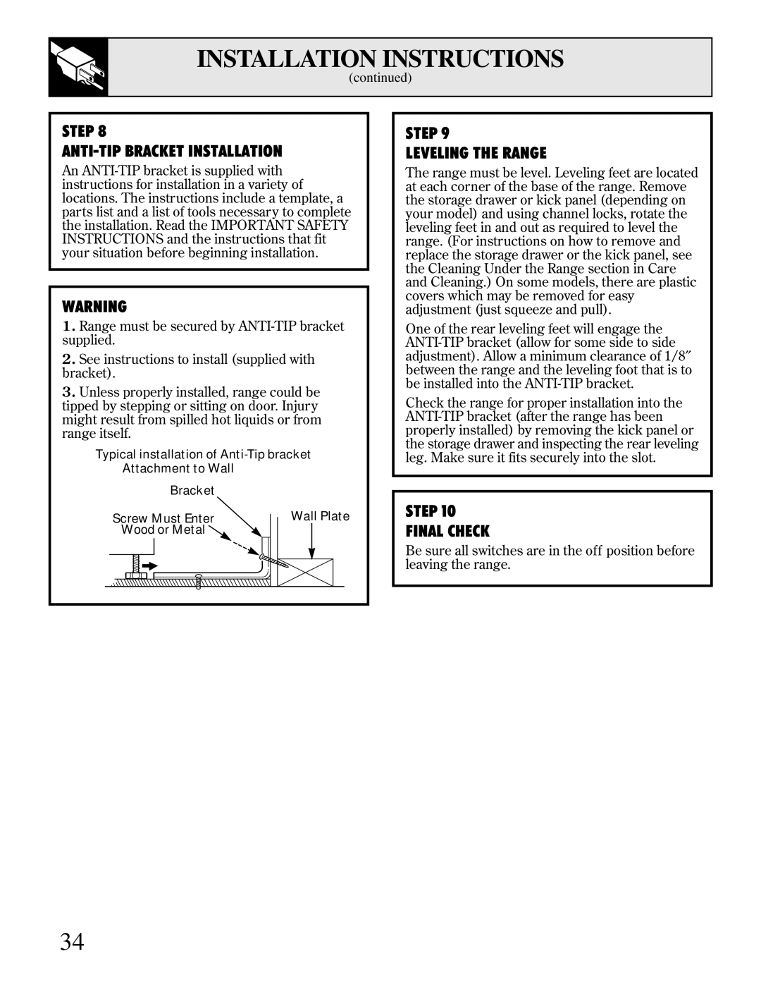 GE JBS30, JBC17, JBS03-4, JBS17, JBS18, JBS16 warranty Step Final Check 