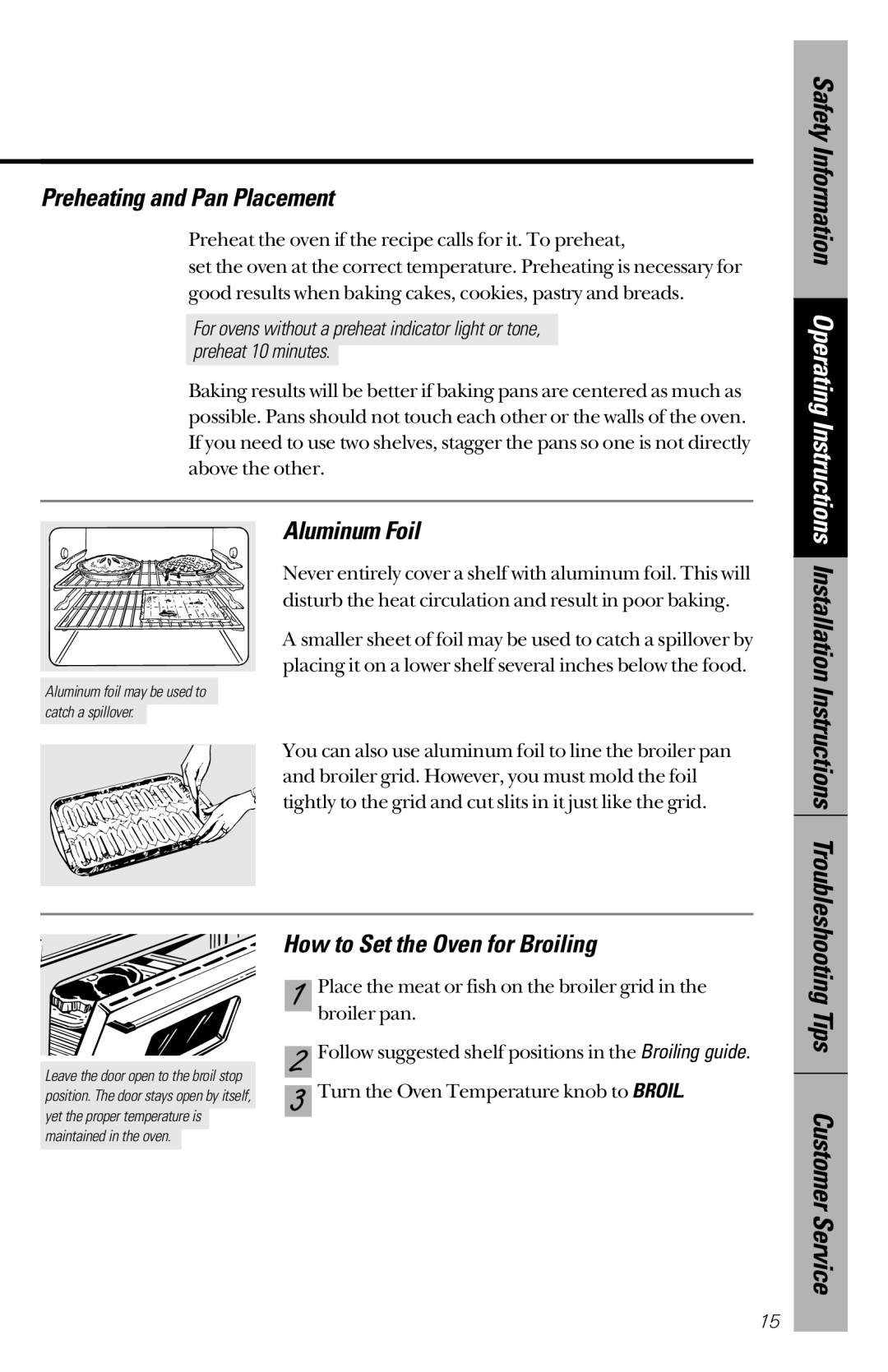 GE JBS26, JBC27 owner manual Preheating and Pan Placement, Aluminum Foil, How to Set the Oven for Broiling 