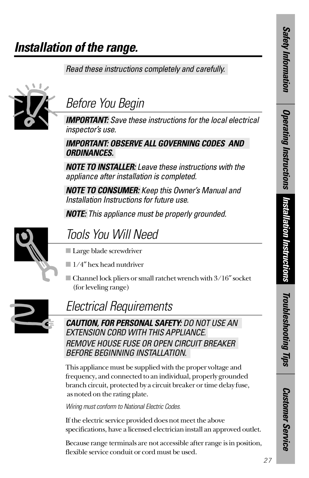 GE JBS26, JBC27 owner manual Installation of the range, Before You Begin 