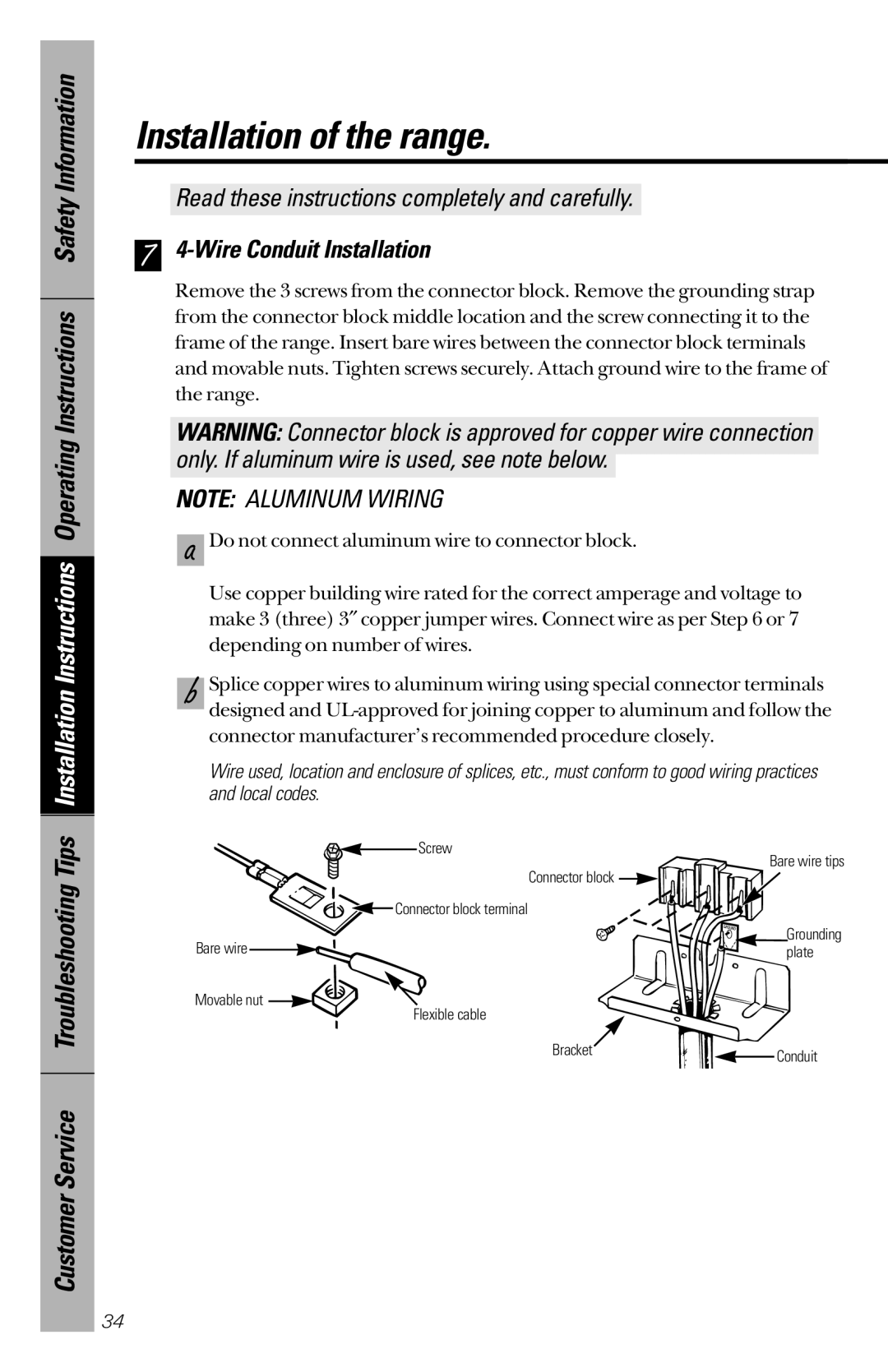 GE JBC27, JBS26 owner manual Connector block terminal Bare wire 