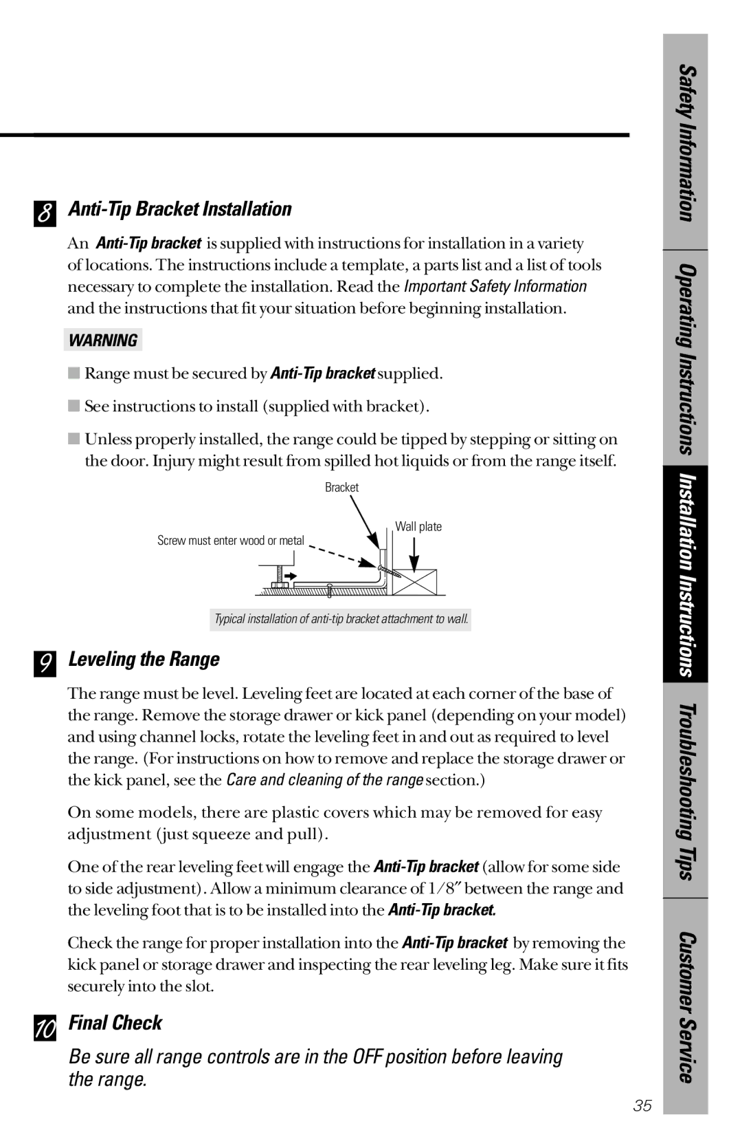 GE JBS26, JBC27 owner manual Anti-Tip Bracket Installation, Leveling the Range, Final Check 