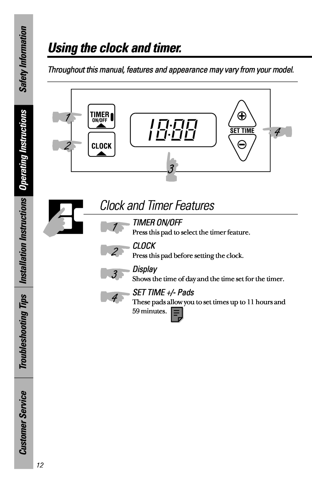 GE JBC27, JBS26 owner manual Using the clock and timer, Clock and Timer Features, Timer On/Off, Display, SET TIME +/- Pads 