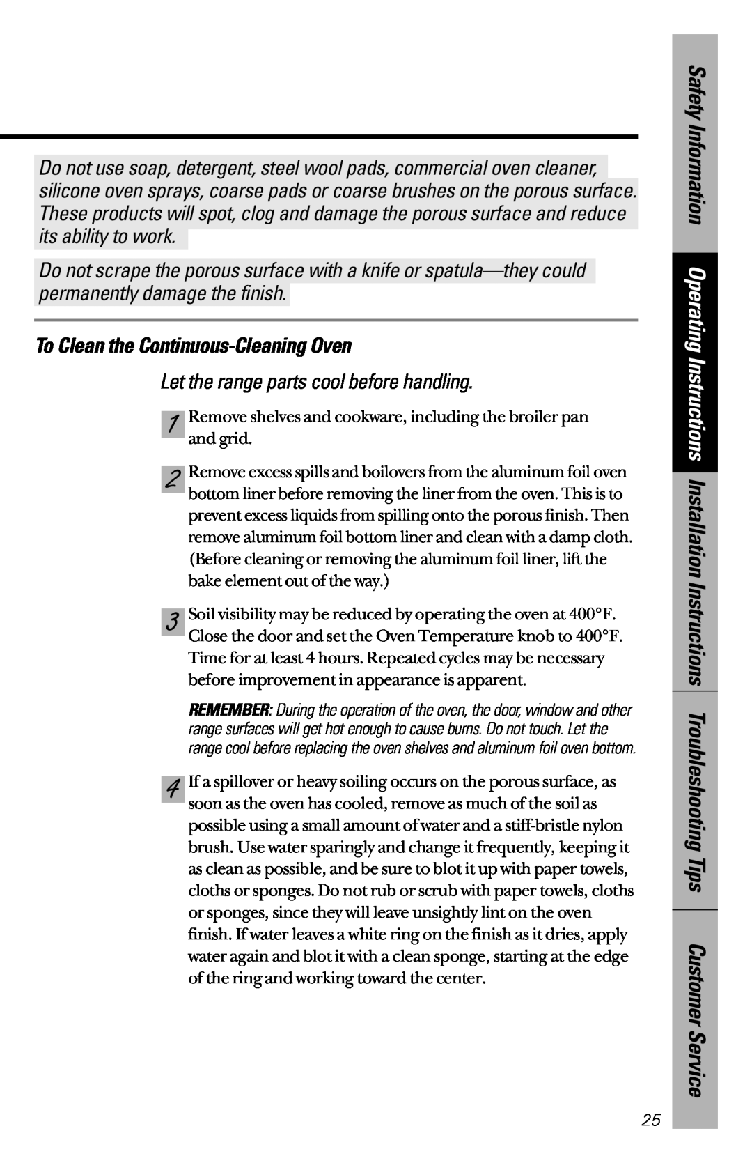 GE JBS26, JBC27 owner manual To Clean the Continuous-Cleaning Oven, Let the range parts cool before handling 