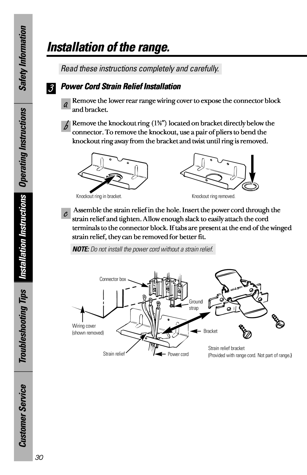 GE JBC27, JBS26 owner manual Power Cord Strain Relief Installation, Installation of the range 