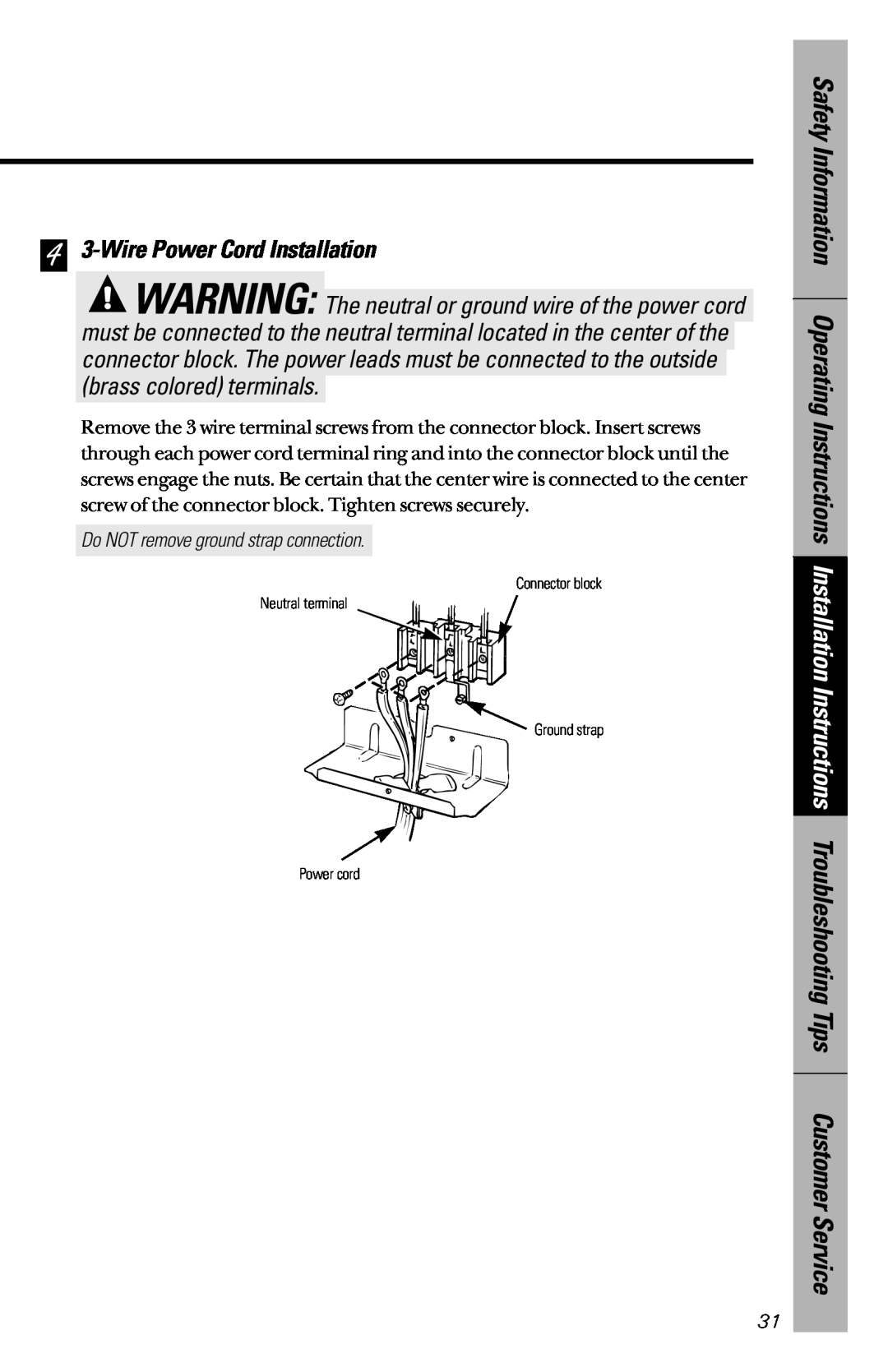 GE JBS26, JBC27 owner manual 4 3-Wire Power Cord Installation, Do NOT remove ground strap connection 
