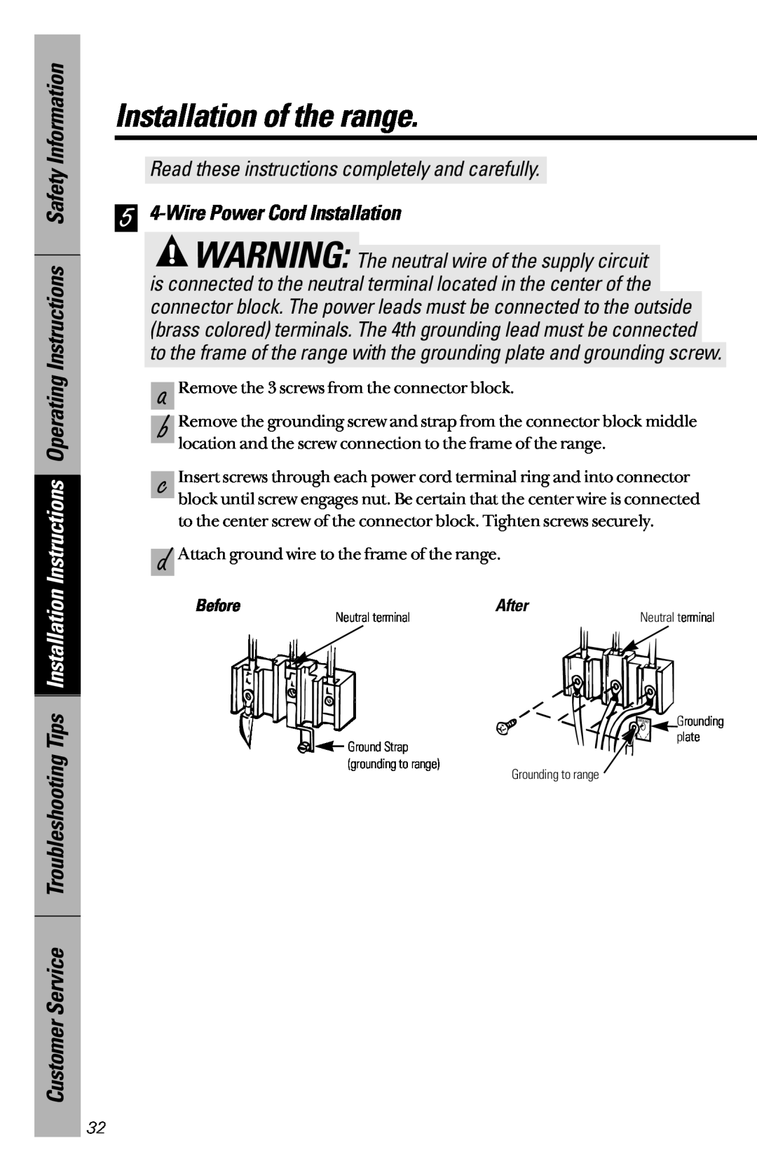 GE JBC27 5 4-Wire Power Cord Installation, Installation of the range, Read these instructions completely and carefully 