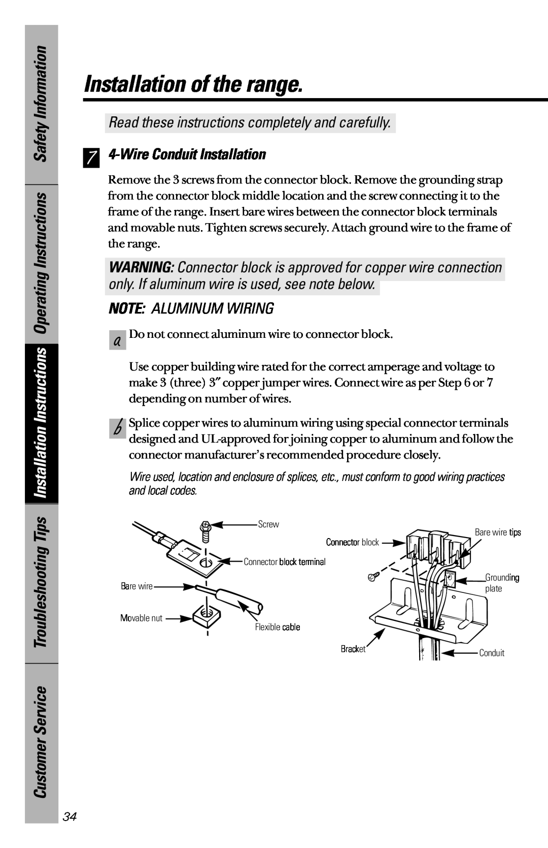 GE JBC27, JBS26 7 4-Wire Conduit Installation, Installation of the range, Read these instructions completely and carefully 