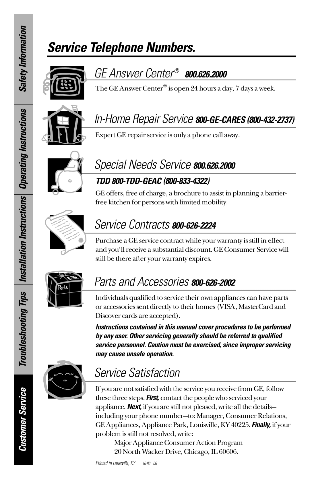 GE JBC27 In-Home Repair Service 800-GE-CARES, TDD 800-TDD-GEAC, GE Answer Center, Special Needs Service, Service Contracts 