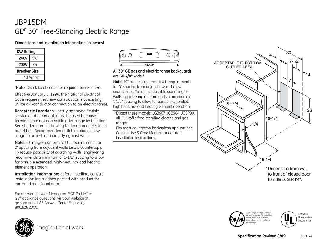 GE JBP15DM dimensions GE 30 Free-Standing Electric Range, KW Rating 240V 208V Breaker Size, Specification Revised 8/09 