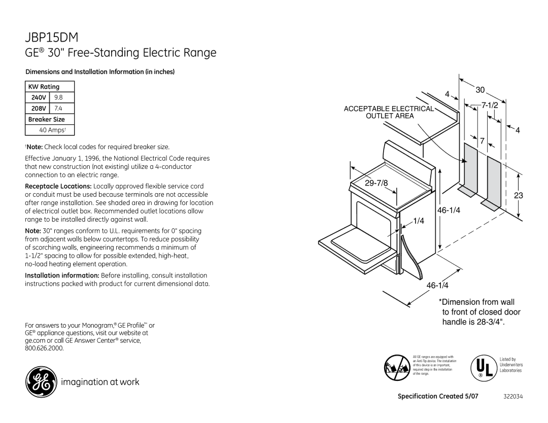 GE JBP15DMCC installation instructions GE 30 Free-Standing Electric Range, Listed by 