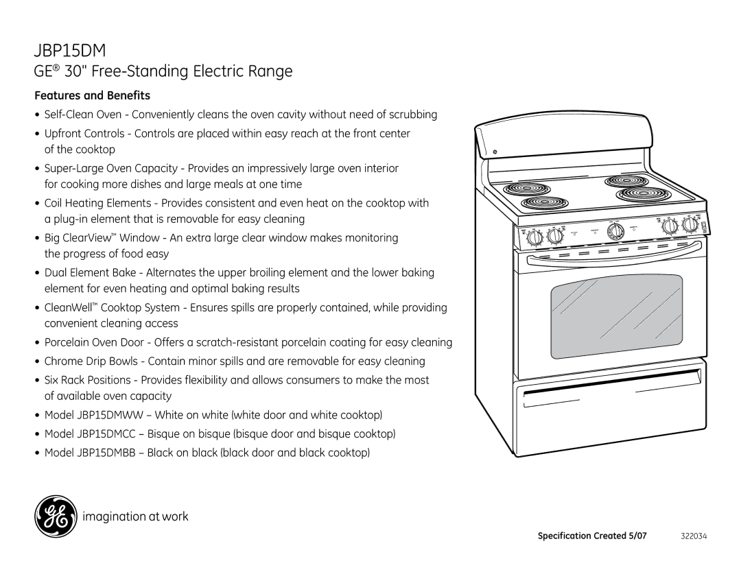 GE JBP15DMCC installation instructions Features and Benefits 